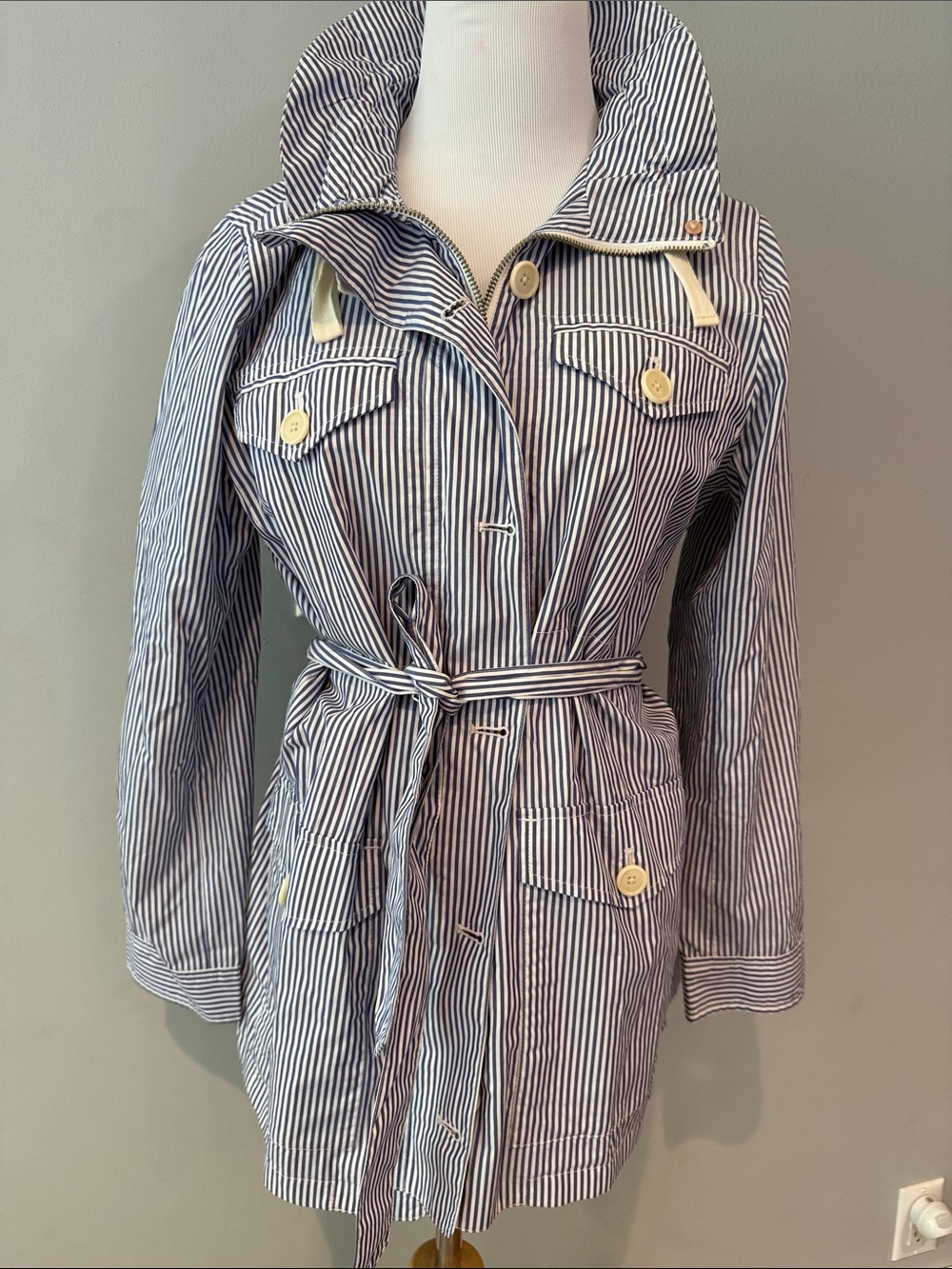 NWT- J. Crew Navy and White Striped Belted Trench- size Medium